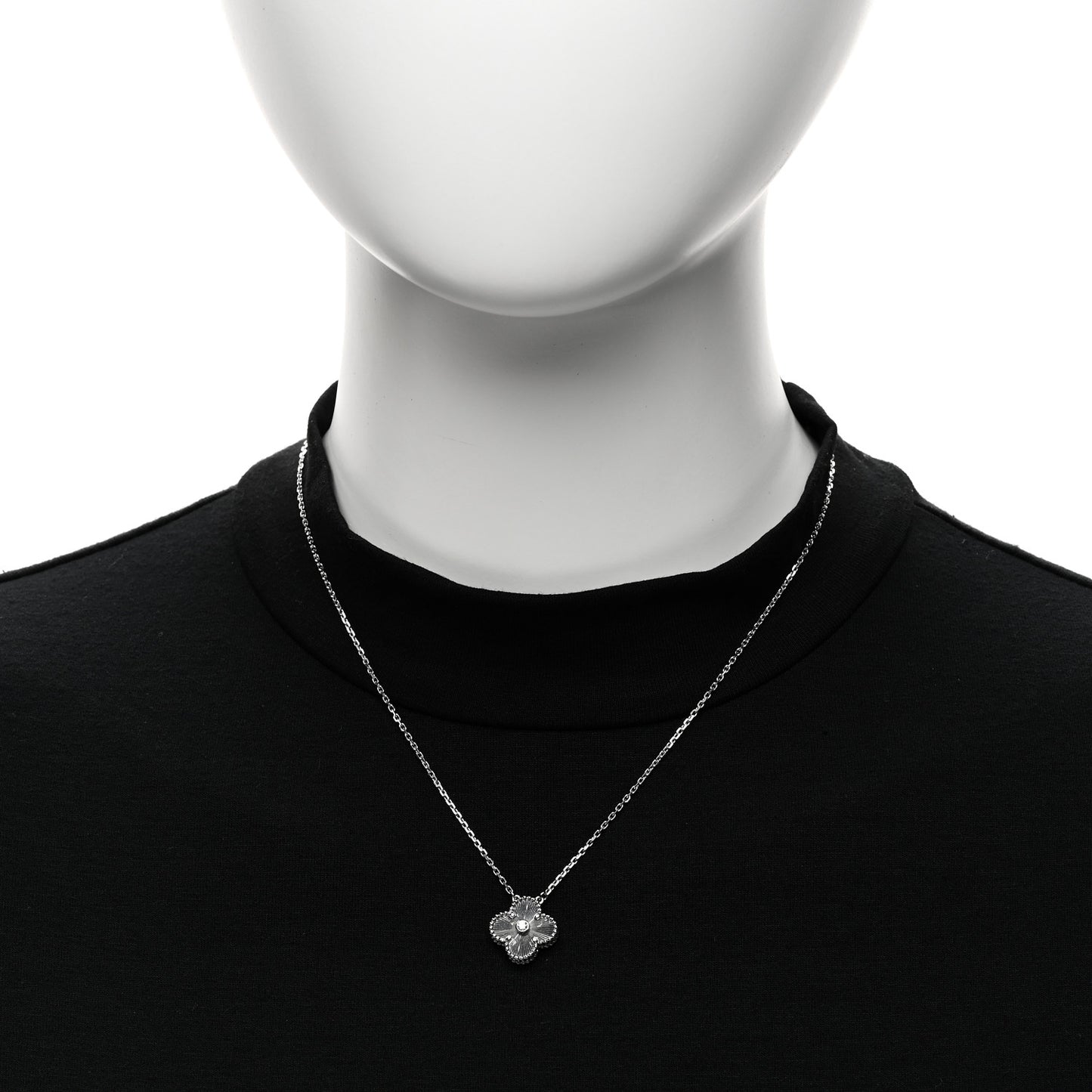 18K White Gold Diamond Guilloche Vintage Alhambra Pendant Necklace