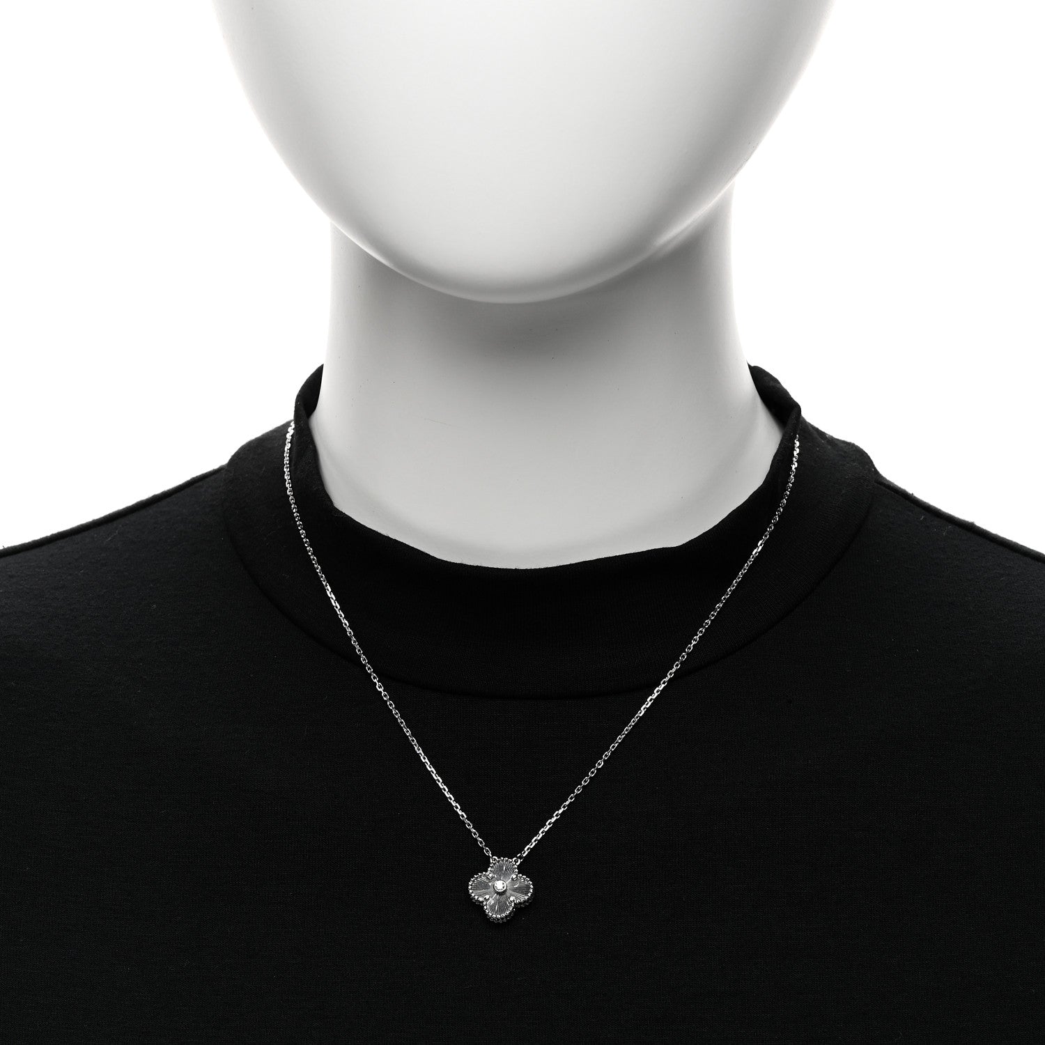 Van Cleef & Arpels 18K White Gold Diamond Guilloche Vintage Alhambra Pendant Necklace 2 of 7