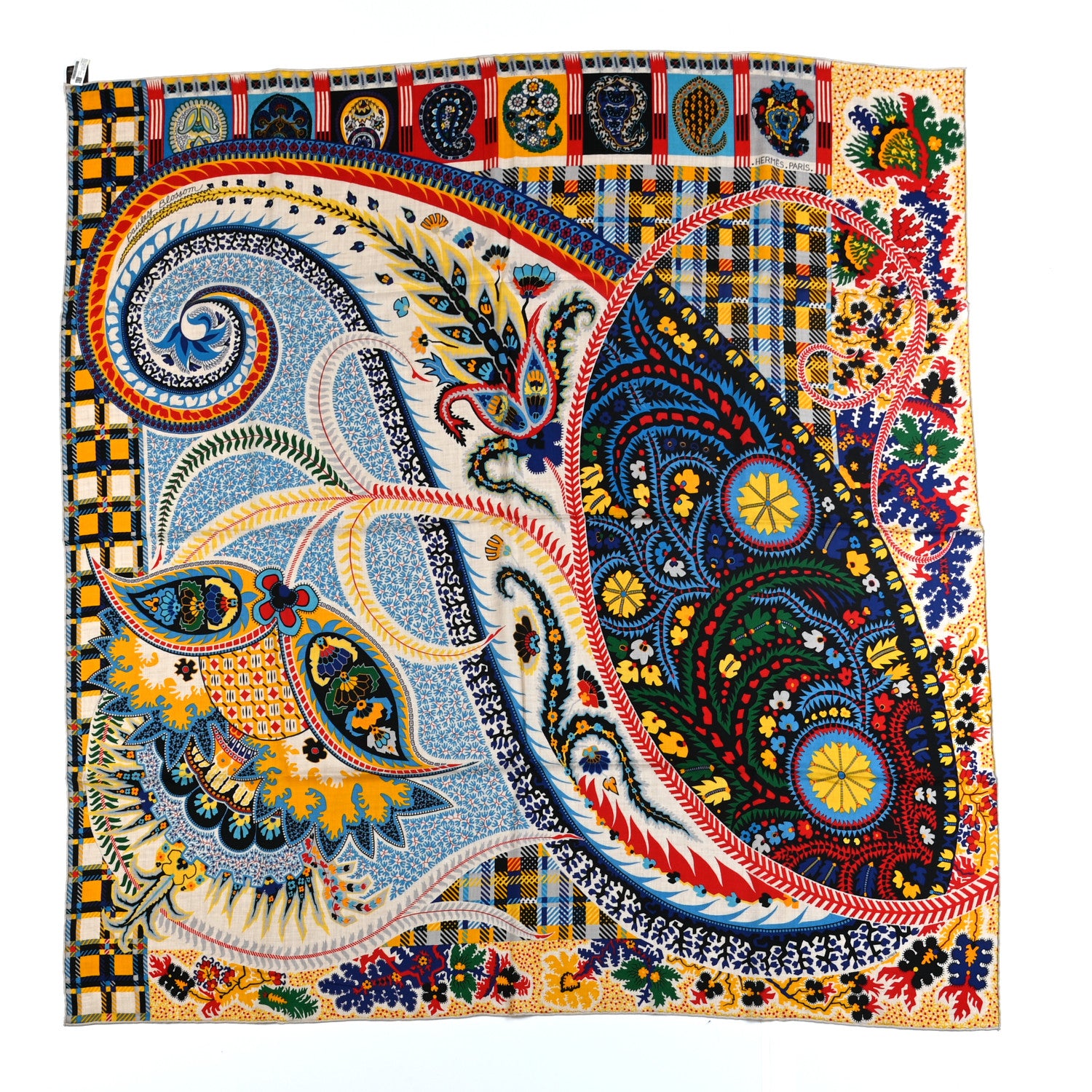 Hermes Cashmere Silk Paisley Blossom Shawl 140 Naturel Bleu Rouge 1 of 5