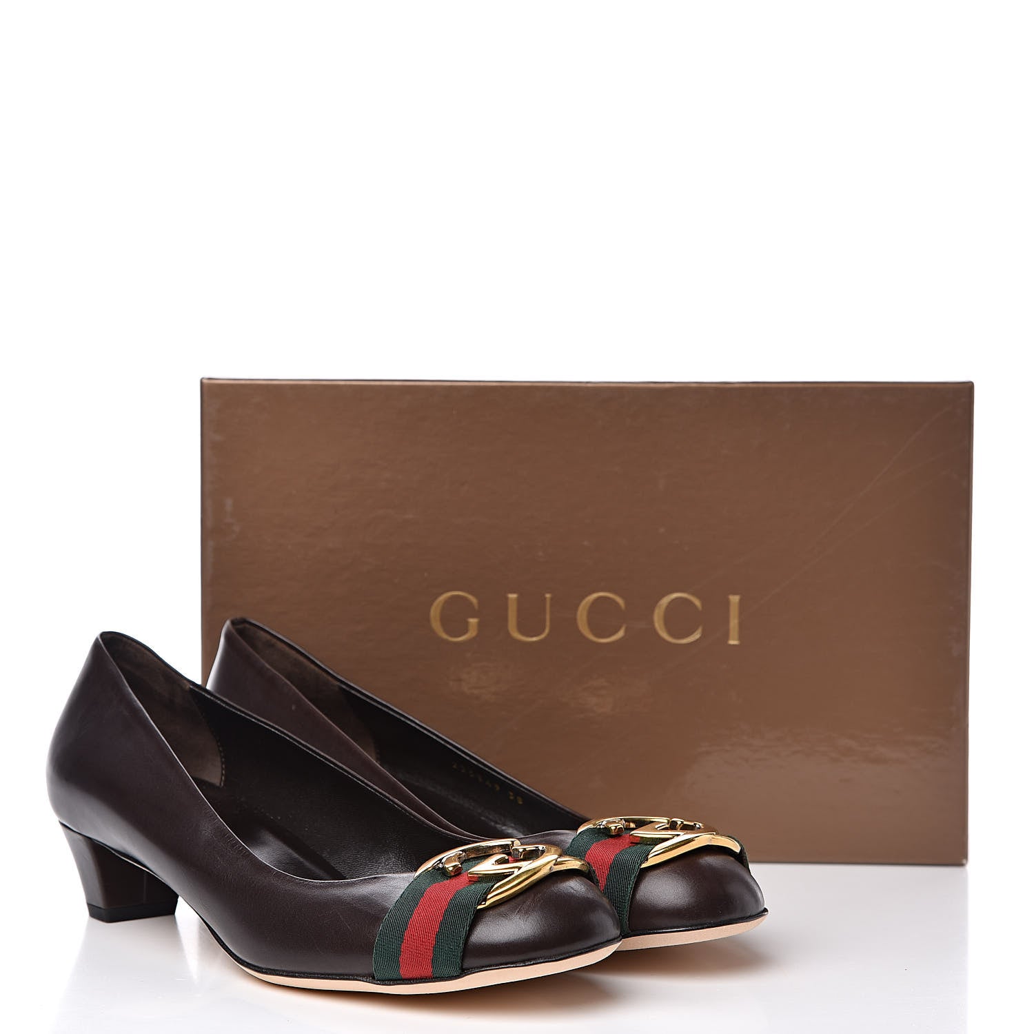 Gucci Calfskin Interlocking GG Web Mid Heel Pumps 38 Dark Cocoa 10 of 10