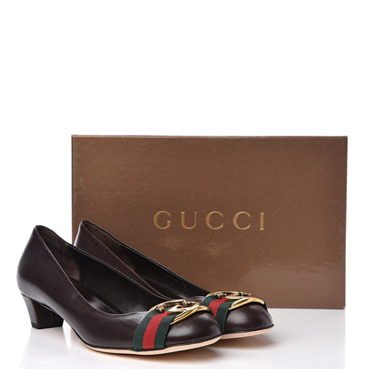 Gucci Calfskin Interlocking GG Web Mid Heel Pumps 38 Dark Cocoa 10 of 10