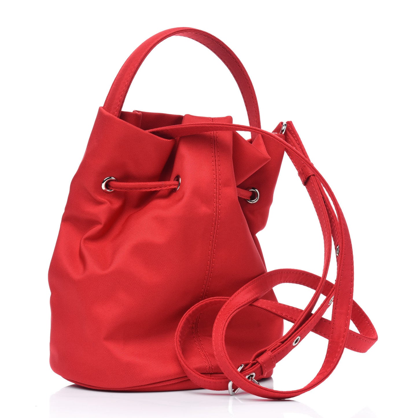 Recycled Sport Nylon Logo Embroidered Wheel Drawstring Bucket Bag XS Bright Red Black