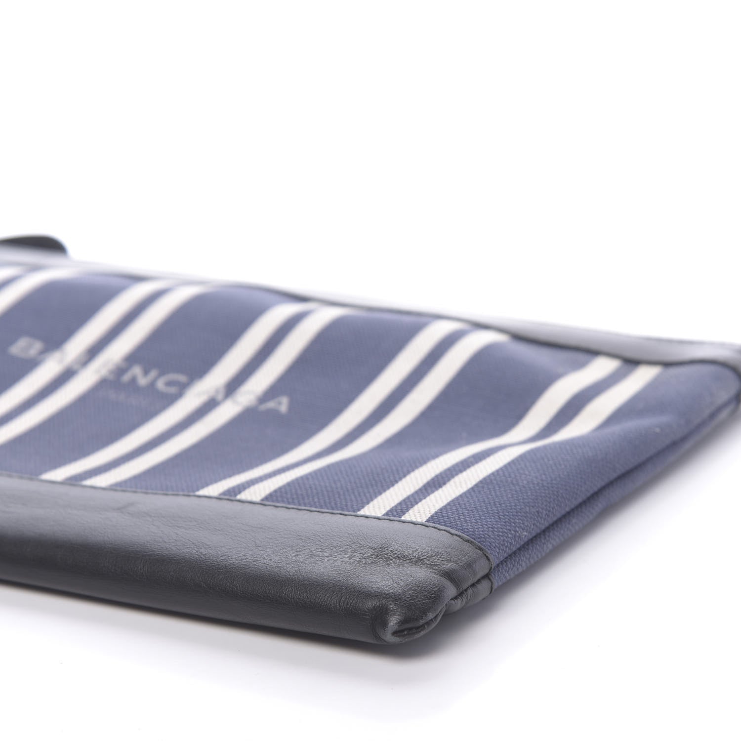 Balenciaga Calfskin Cotton Canvas Striped Logo Clutch Navy 9 of 11