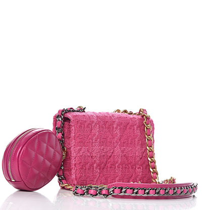 Chanel Wool Tweed Lambskin Quilted 19 Wallet On Chain WOC and Coin Purse Fuchsia 3 of 17