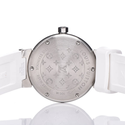 Louis Vuitton Stainless Steel Rubber Diamond Pink Mother of Pearl 28mm Tambour Quartz Watch 7 of 7