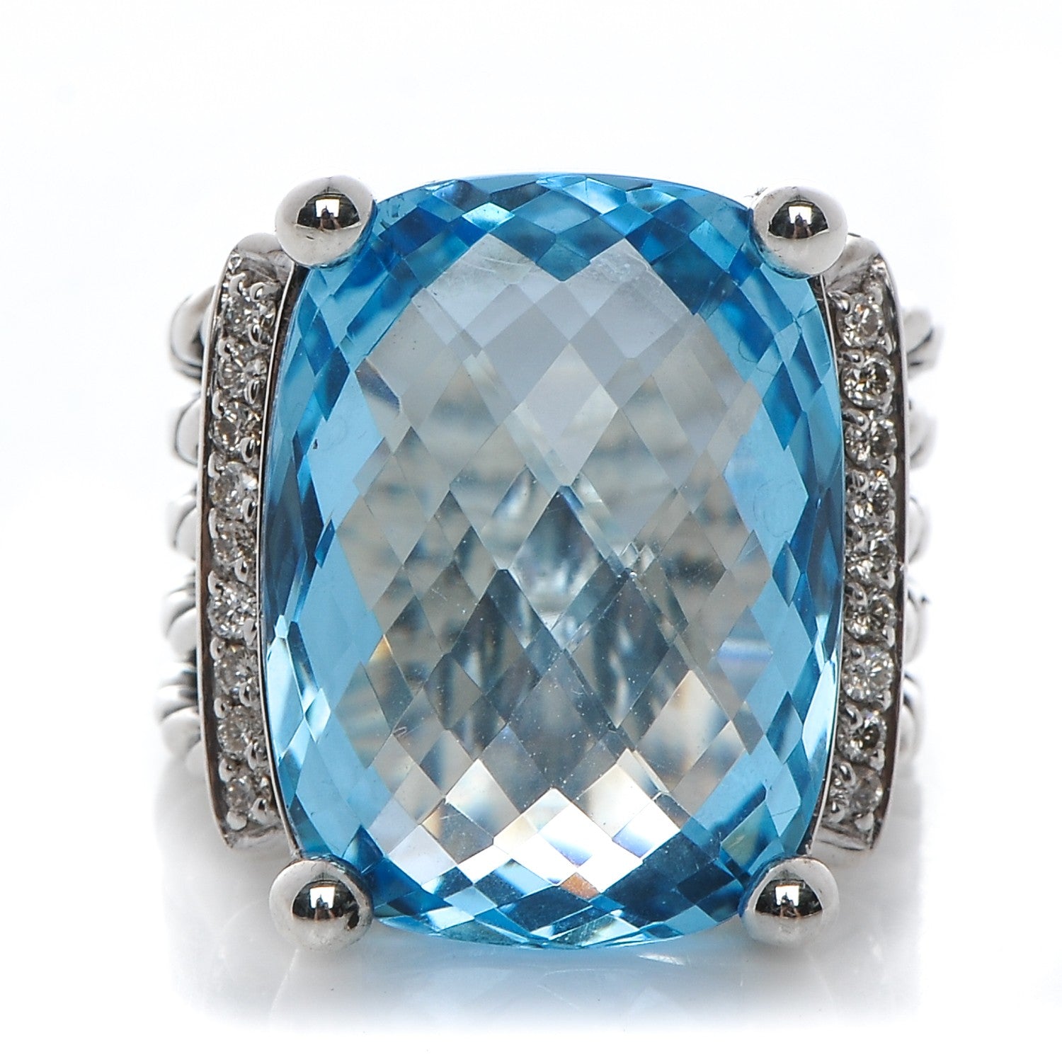 David Yurman Sterling Silver Diamond Blue Topaz 20mm Wheaton Ring 49 4.75 1 of 4