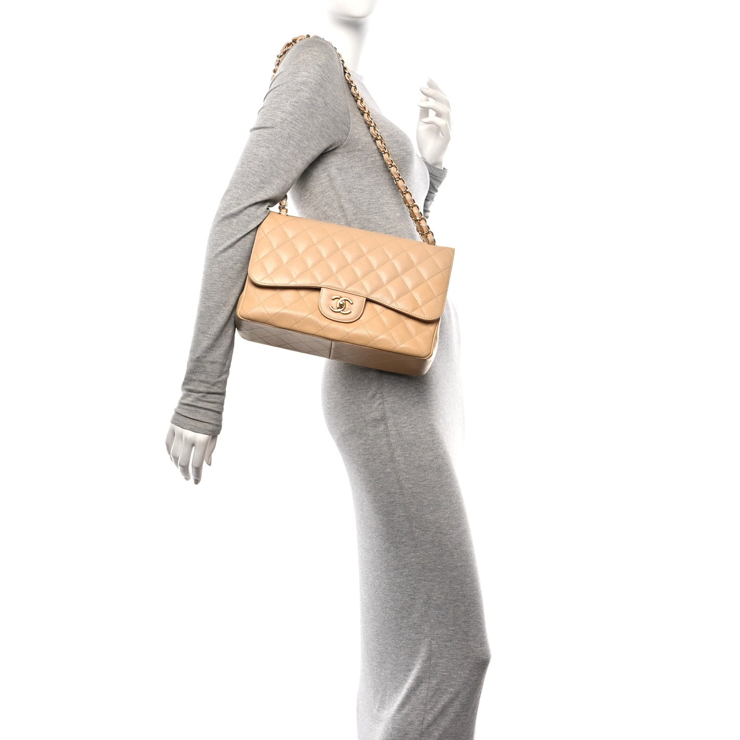 Caviar Quilted Jumbo Double Flap Beige