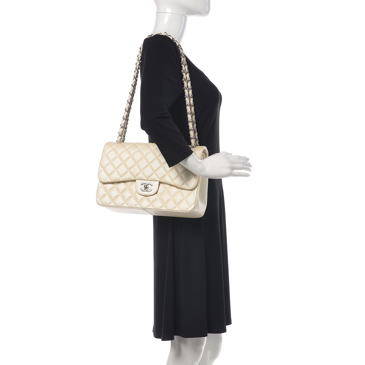 Pearly Caviar Quilted Jumbo Double Flap Dark White