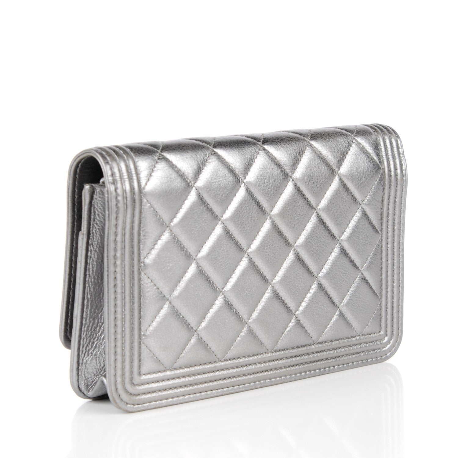 Chanel Metallic Distressed Calfskin Quilted Boy Wallet On Chain WOC Silver 3 of 8