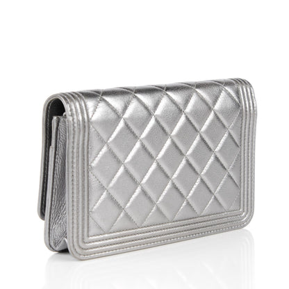 Chanel Metallic Distressed Calfskin Quilted Boy Wallet On Chain WOC Silver 3 of 8