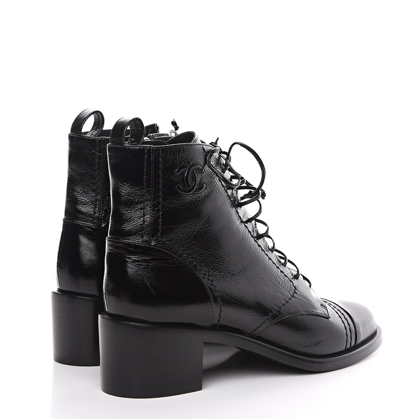 Shiny Lambskin Lace Up Combat Short Boots 38.5 Black