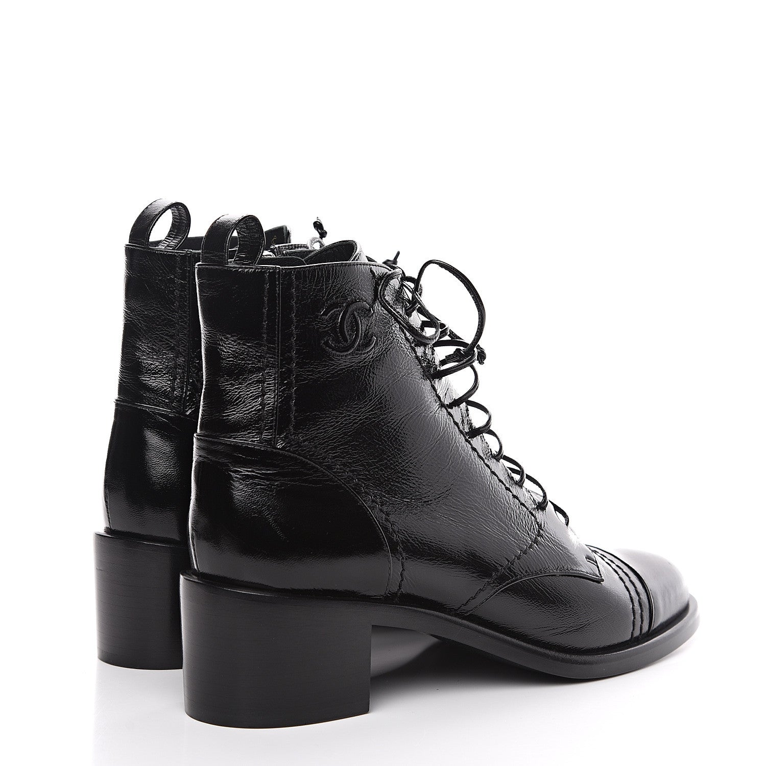 Chanel Shiny Lambskin Lace Up Combat Short Boots 38.5 Black 4 of 7