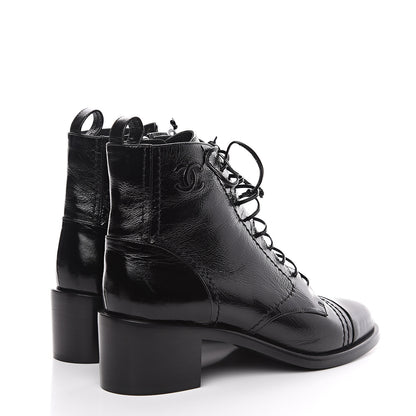 Chanel Shiny Lambskin Lace Up Combat Short Boots 38.5 Black 4 of 7