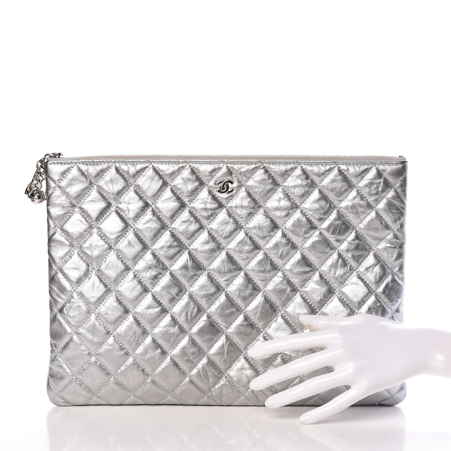 Metallic Calfskin Quilted Large Cosmo Cosmetic Case Silver