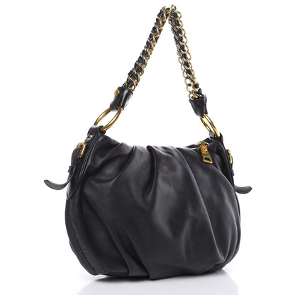 Prada Soft Calf Pleated Hobo Black 3 of 9