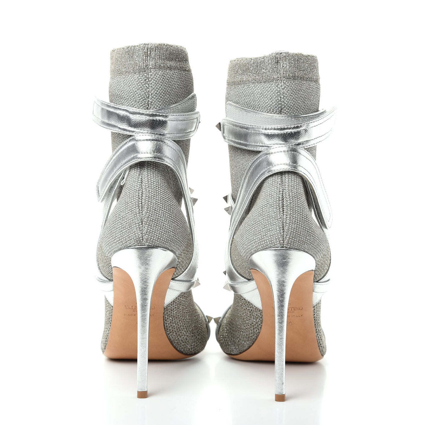 Metallic Nappa Knit Rockstud Bodytech Sock Booties 40 Silver
