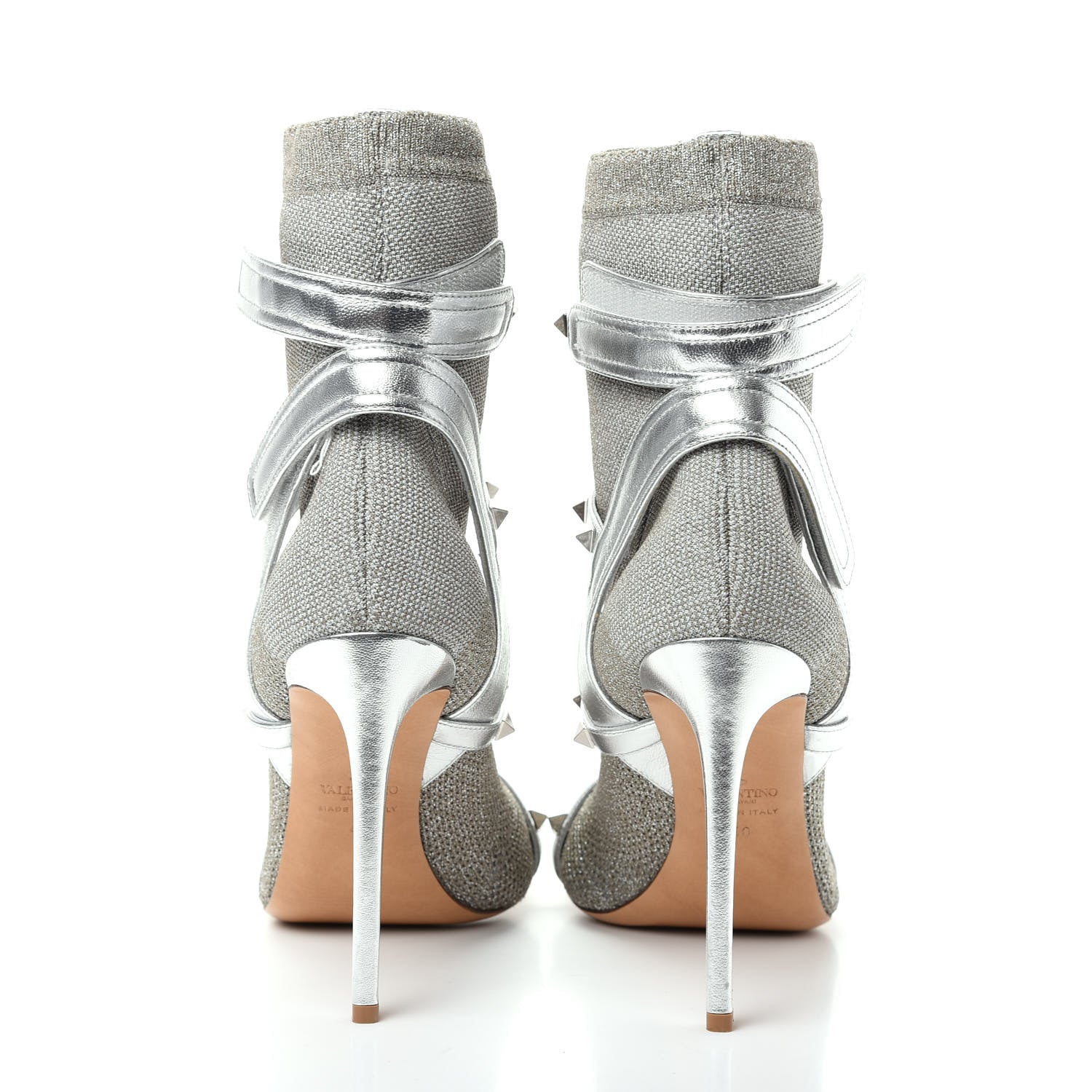 Valentino Garavani Metallic Nappa Knit Rockstud Bodytech Sock Booties 40 Silver 7 of 9