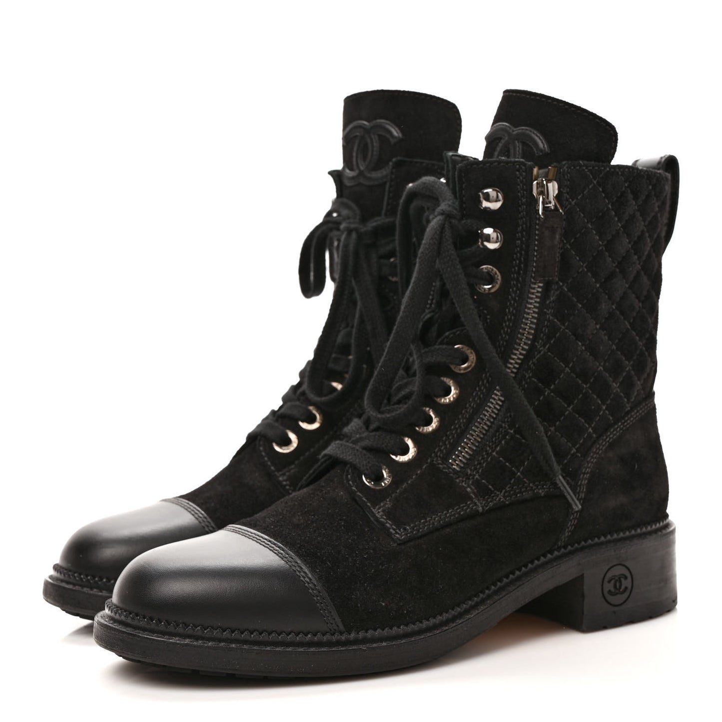 Suede Quilted CC Lace Up Combat Boots 39 Black
