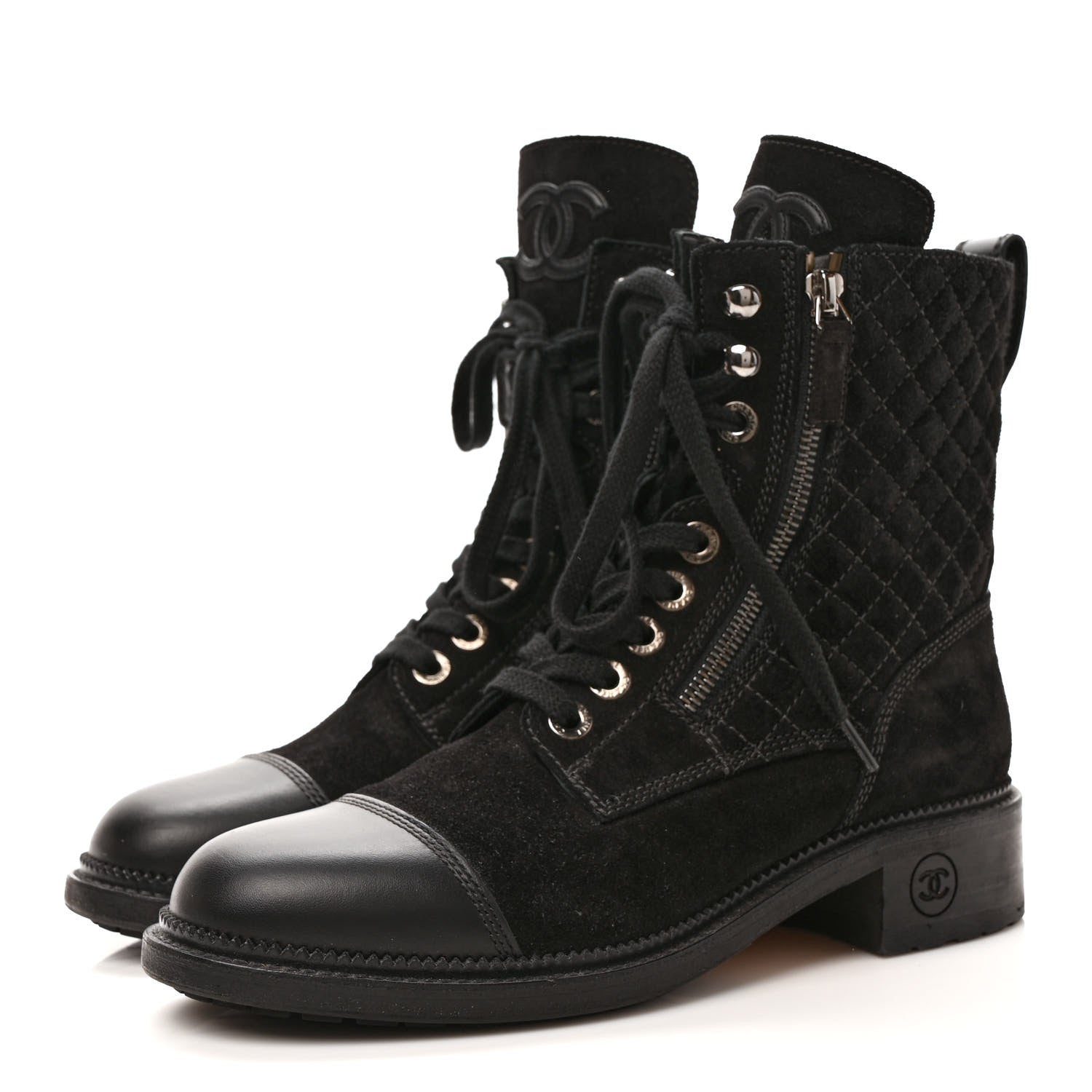 Chanel Suede Quilted CC Lace Up Combat Boots 39 Black 3 of 8