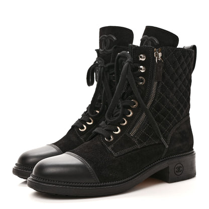 Chanel Suede Quilted CC Lace Up Combat Boots 39 Black 3 of 8
