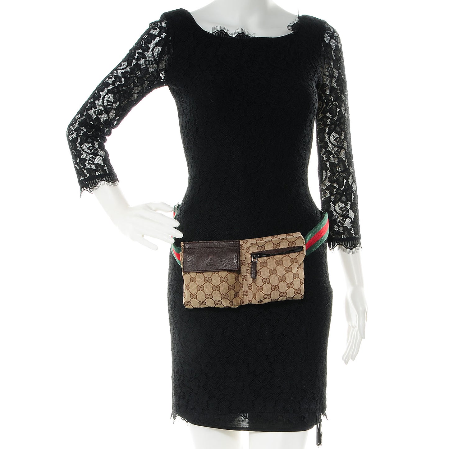 GG Monogram Web Double Pocket Belt Bag Dark Brown