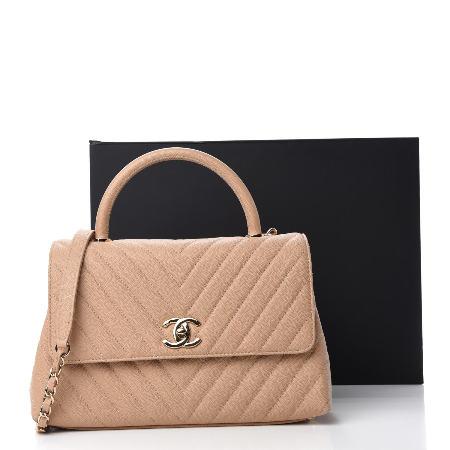 Chanel Caviar Chevron Quilted Small Coco Handle Flap Beige 9 of 11