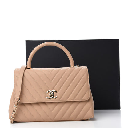 Chanel Caviar Chevron Quilted Small Coco Handle Flap Beige 9 of 11