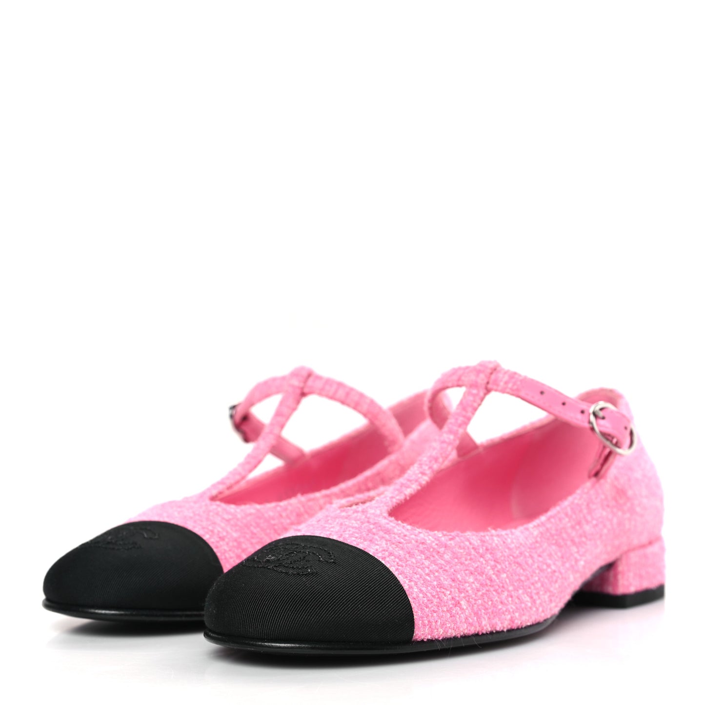Tweed Grosgrain Cap Toe T Strap CC Flats 35.5 Pink Black