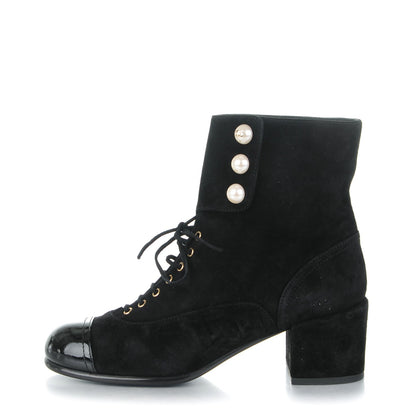 Chanel Suede Patent Calfskin Pearl Cap Toe Short Boots 36 Black 1 of 7