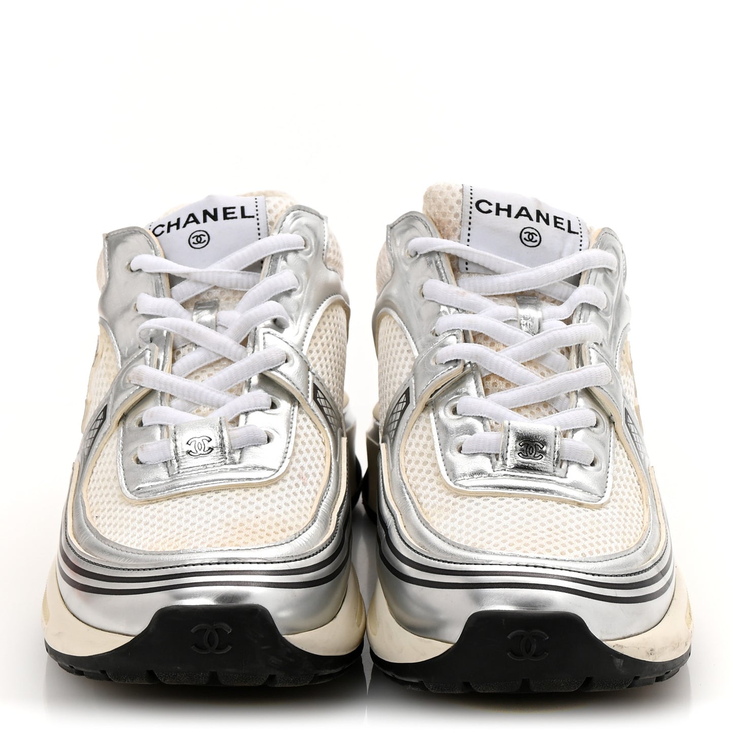 Fabric Laminated Calfskin Stretch CC Sneakers 37 White Silver
