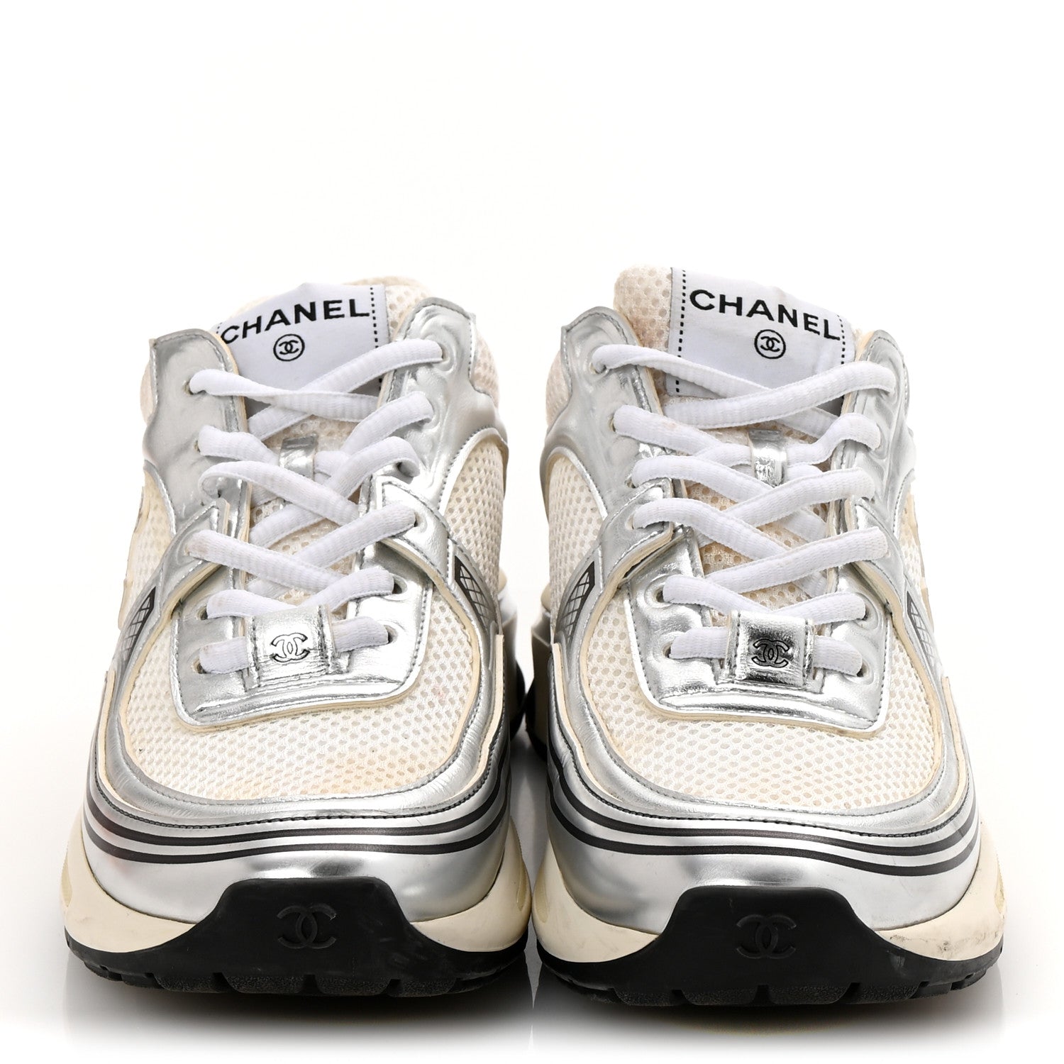 Chanel Fabric Laminated Calfskin Stretch CC Sneakers 37 White Silver 3 of 10