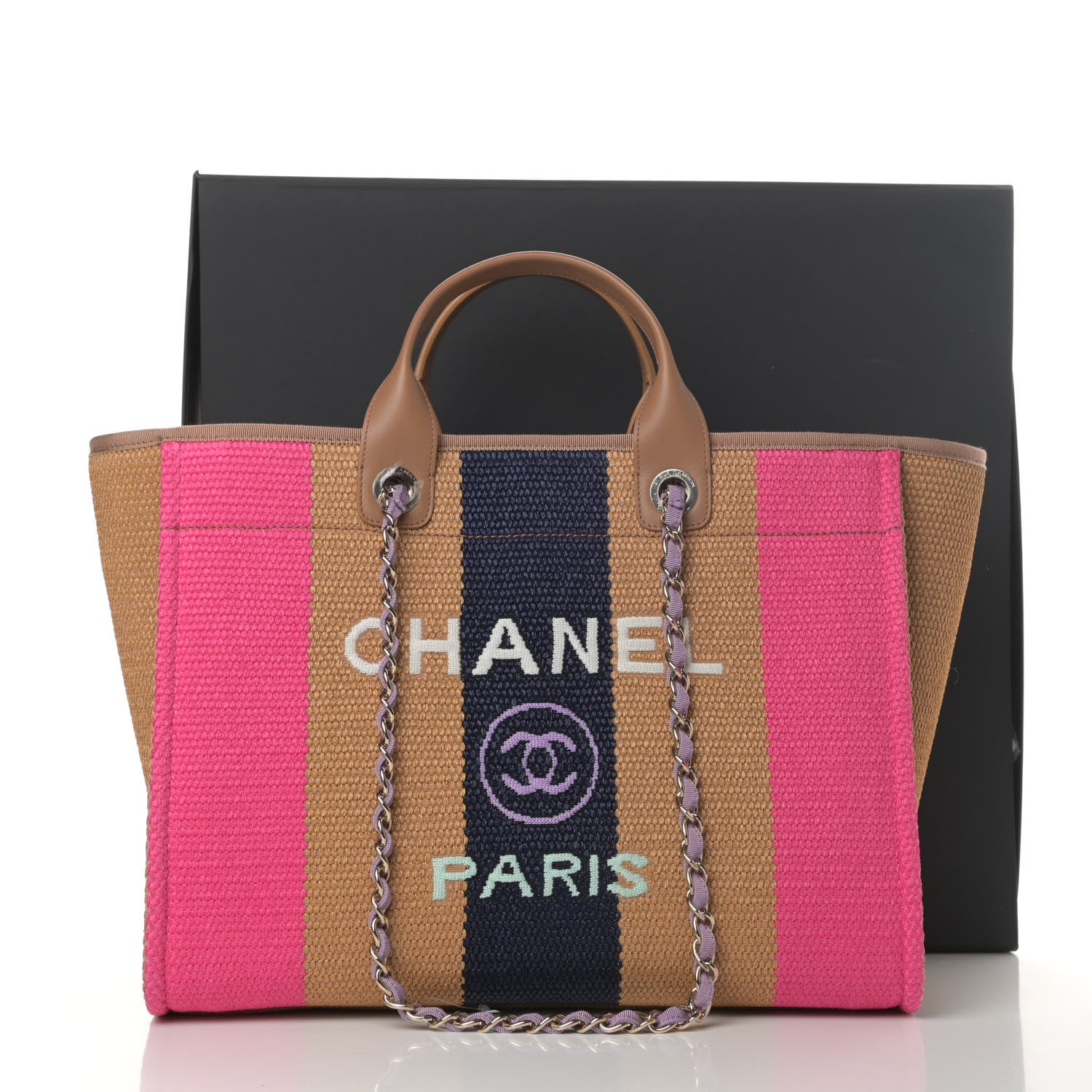 Chanel Straw Raffia Calfskin Striped Medium Deauville Tote Dark Beige Fuchsia Navy Blue 12 of 12