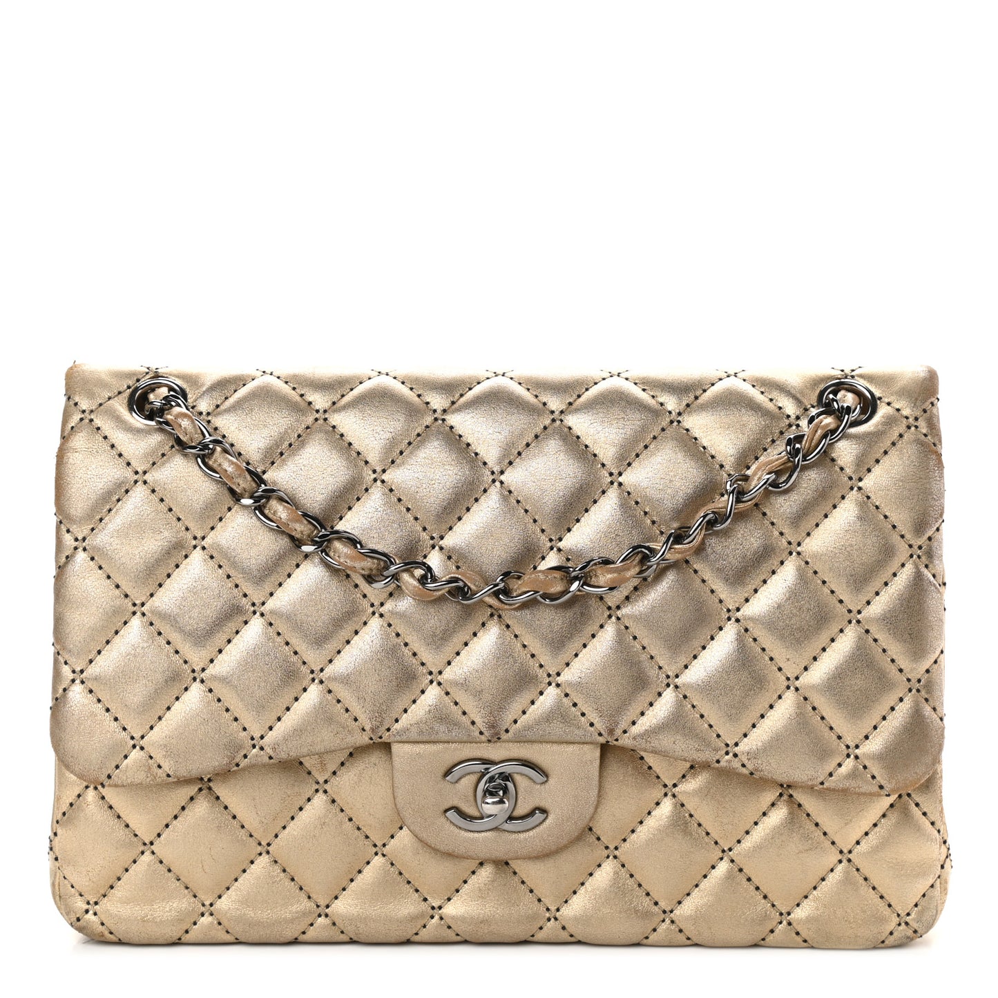 Metallic Washed Lambskin Quilted Jumbo Double Flap Dark Gold Black