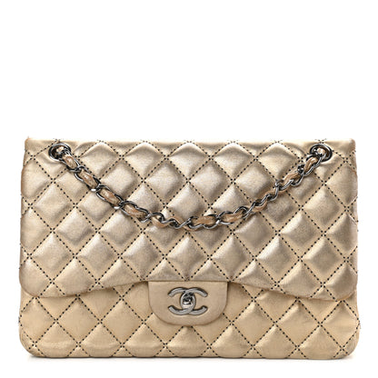 Chanel Metallic Washed Lambskin Quilted Jumbo Double Flap Dark Gold Black 1 of 15