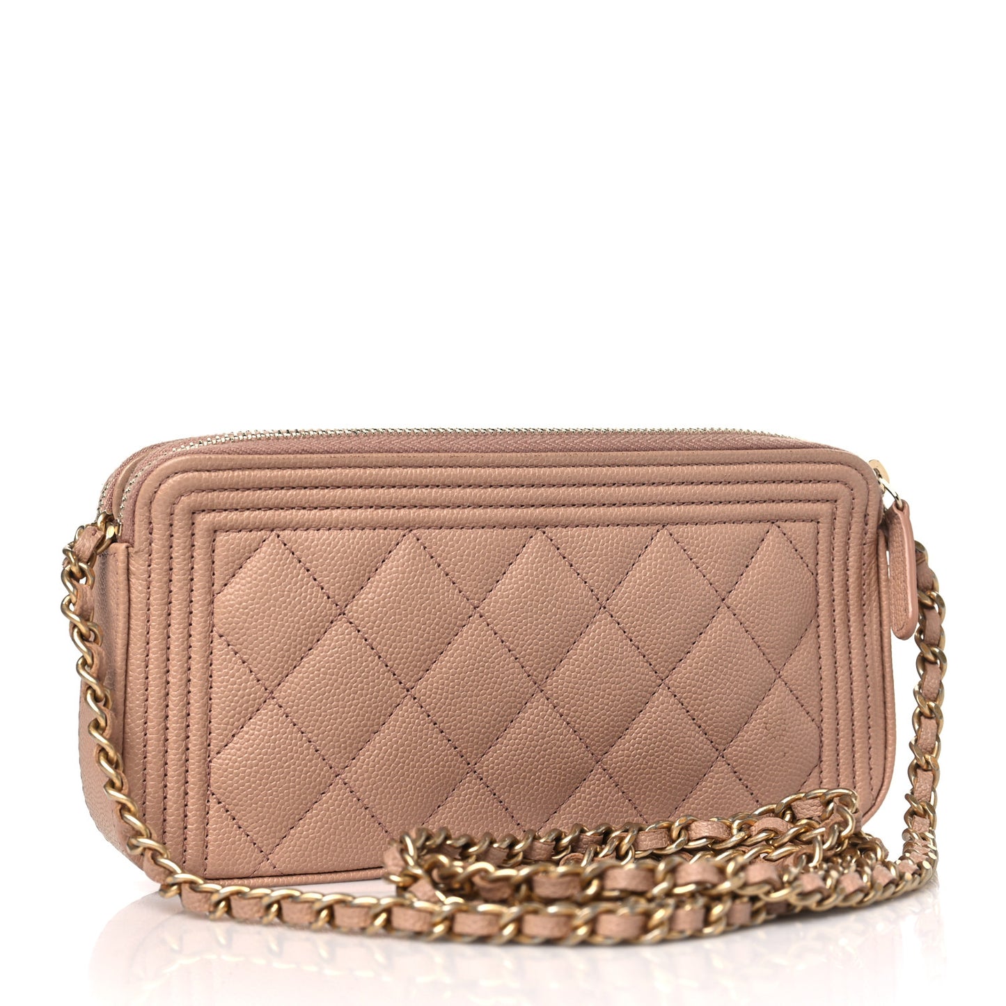 Caviar Quilted Small Boy Clutch With Chain Beige