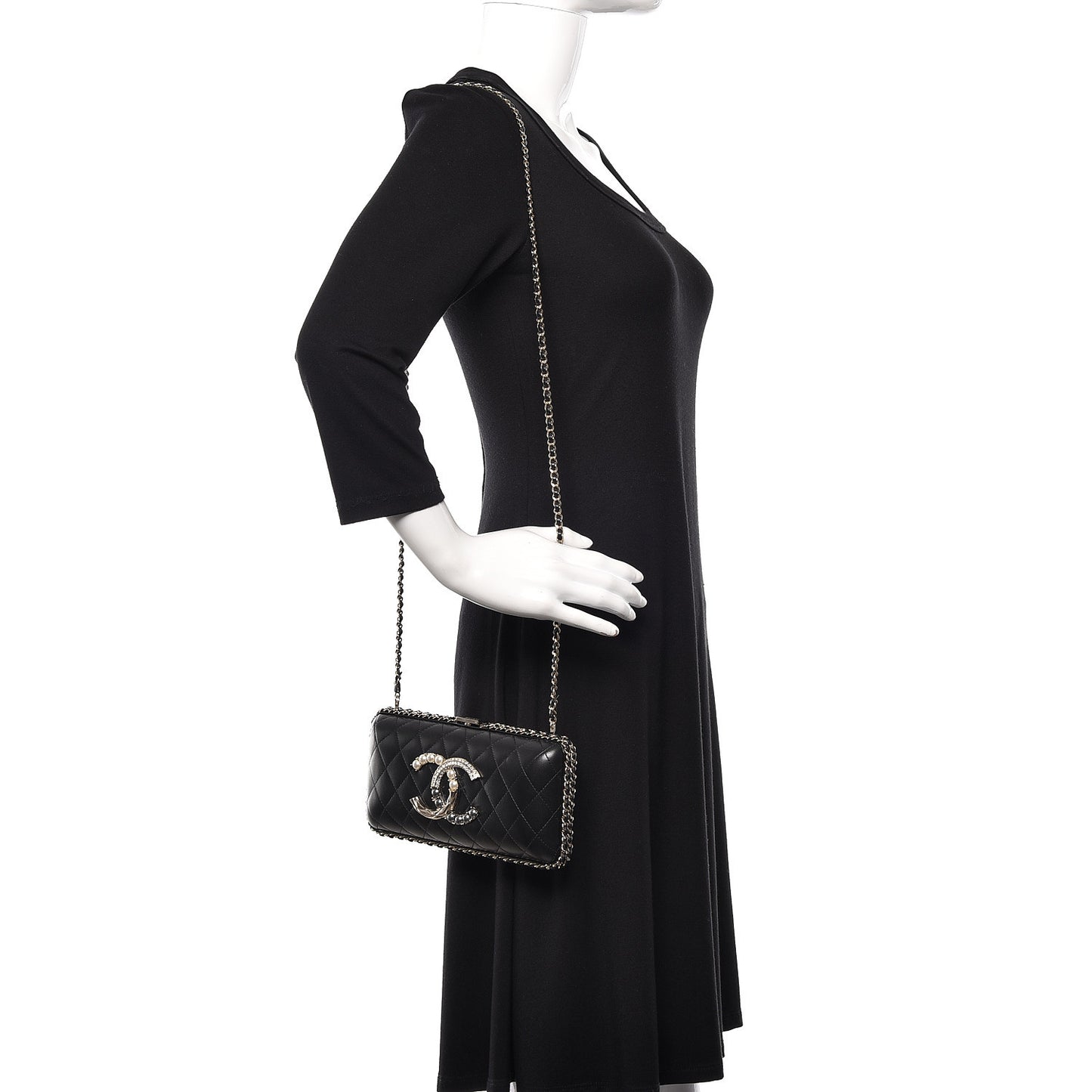 Lambskin Quilted Pearl Crystal Chain Around Clutch Black