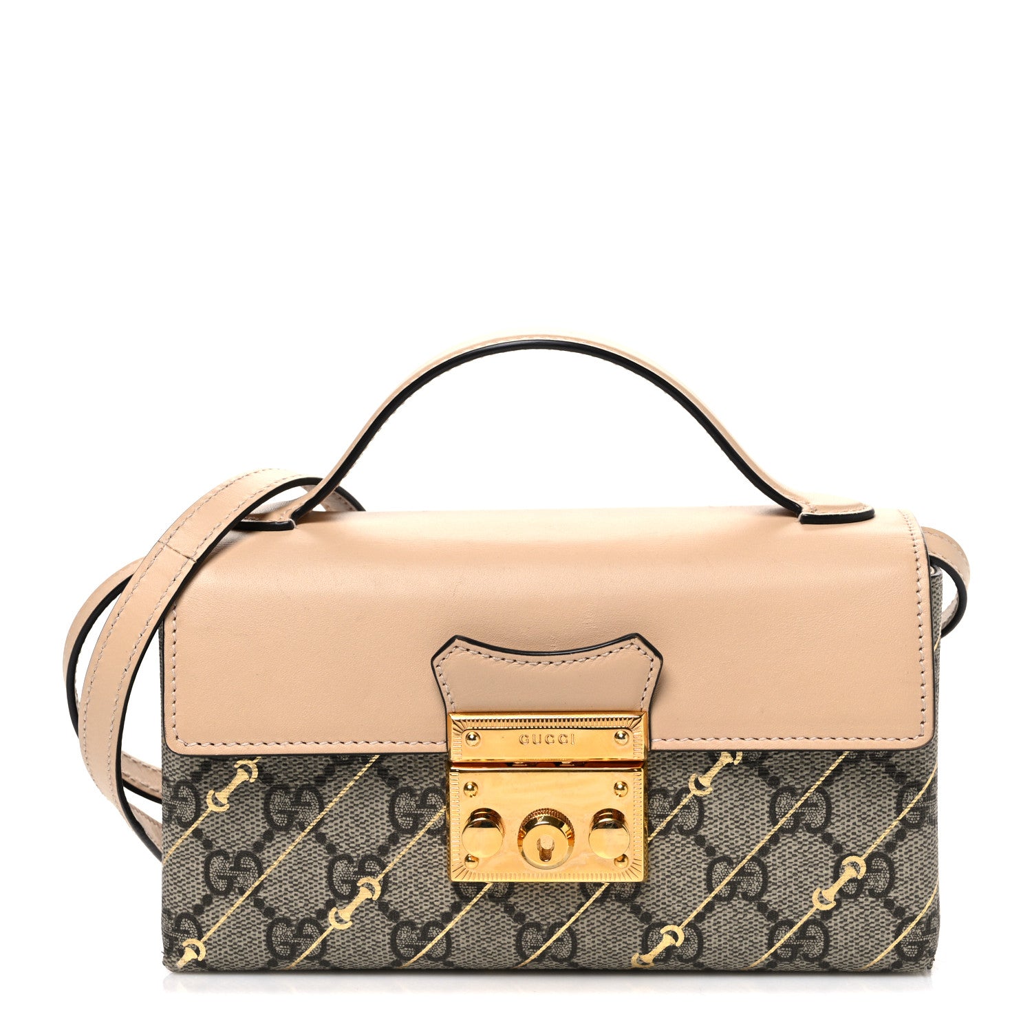 Gucci GG Supreme Monogram Calfskin Horsebit Print Mini Padlock Top Handle Shoulder Bag Beige Ebony Light Pink 1 of 12