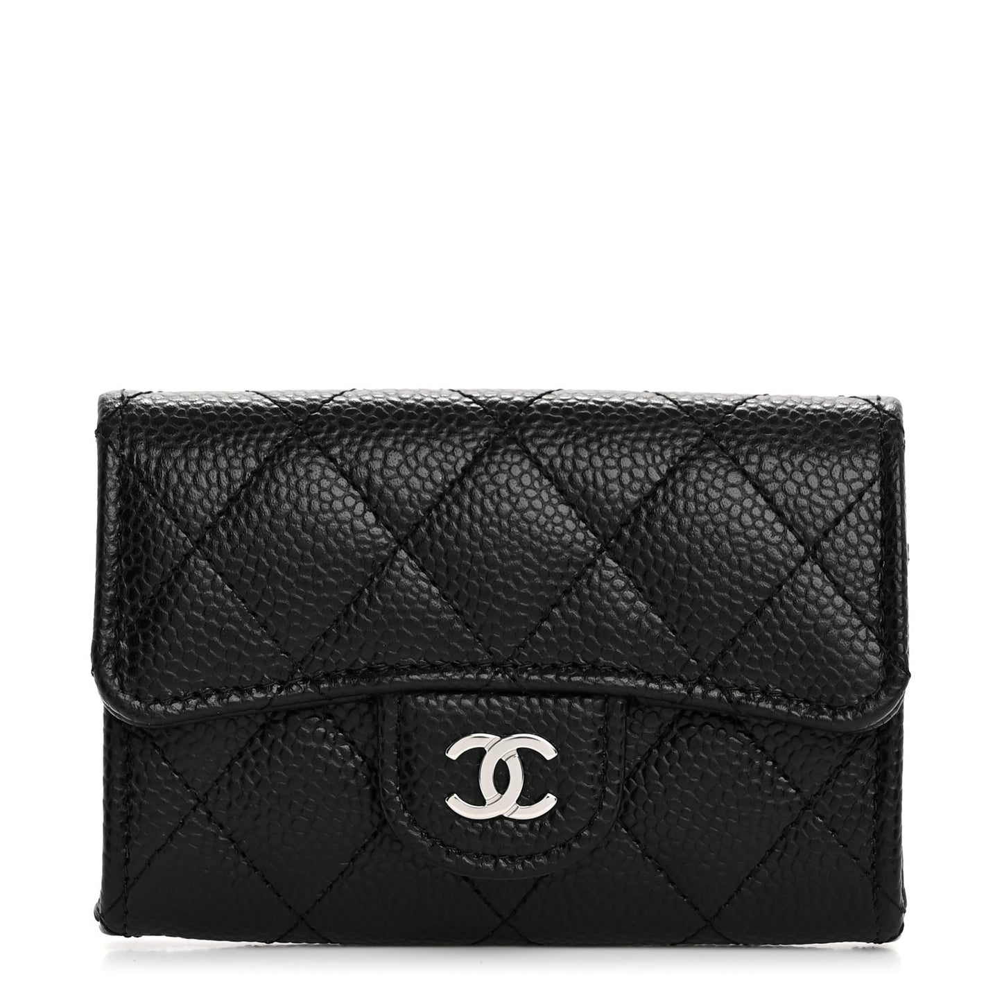 Caviar Quilted Flap Card Holder Wallet Black