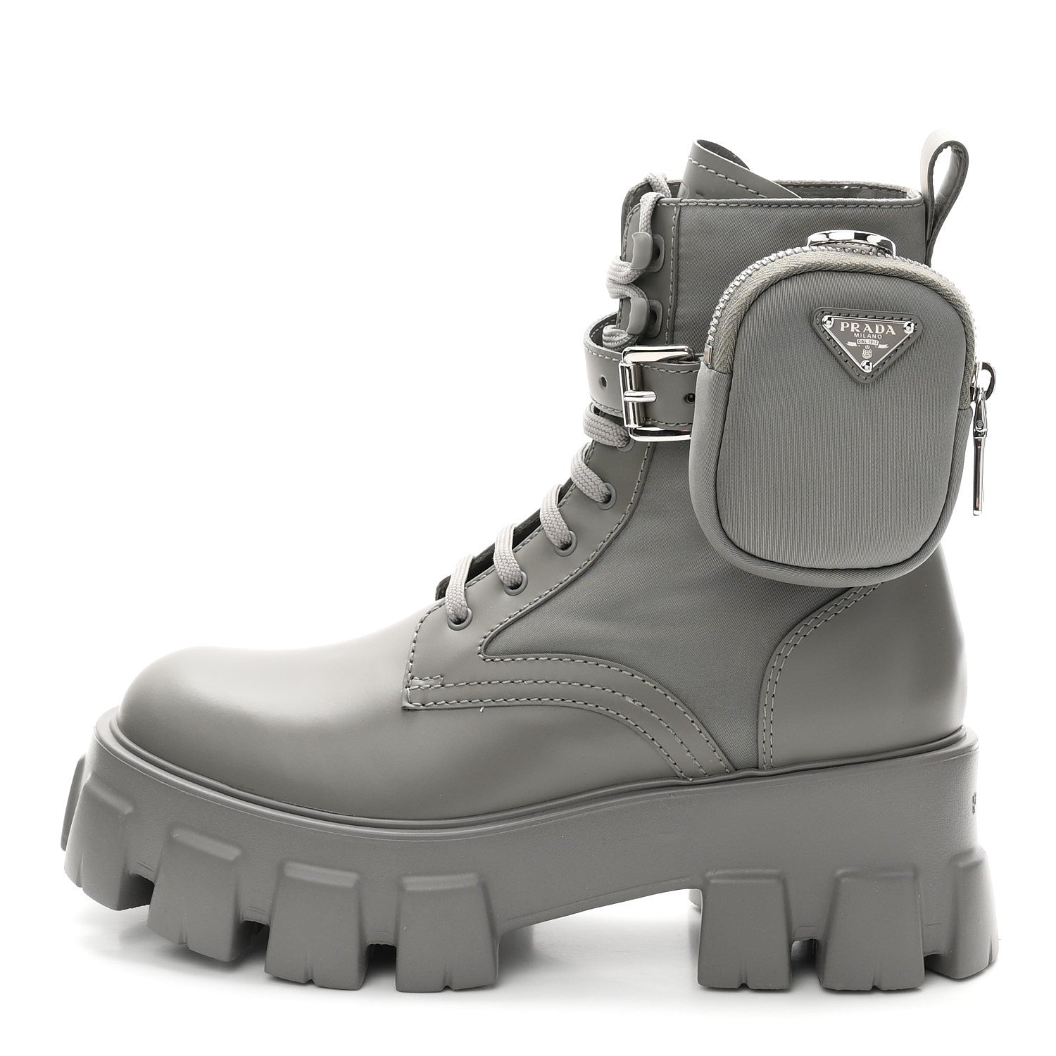 Prada Spazzolato Rois Re-Nylon Metal Triangle Logo Monolith Pouch Pocket 55mm Boots 36.5 Marmo 1 of 10