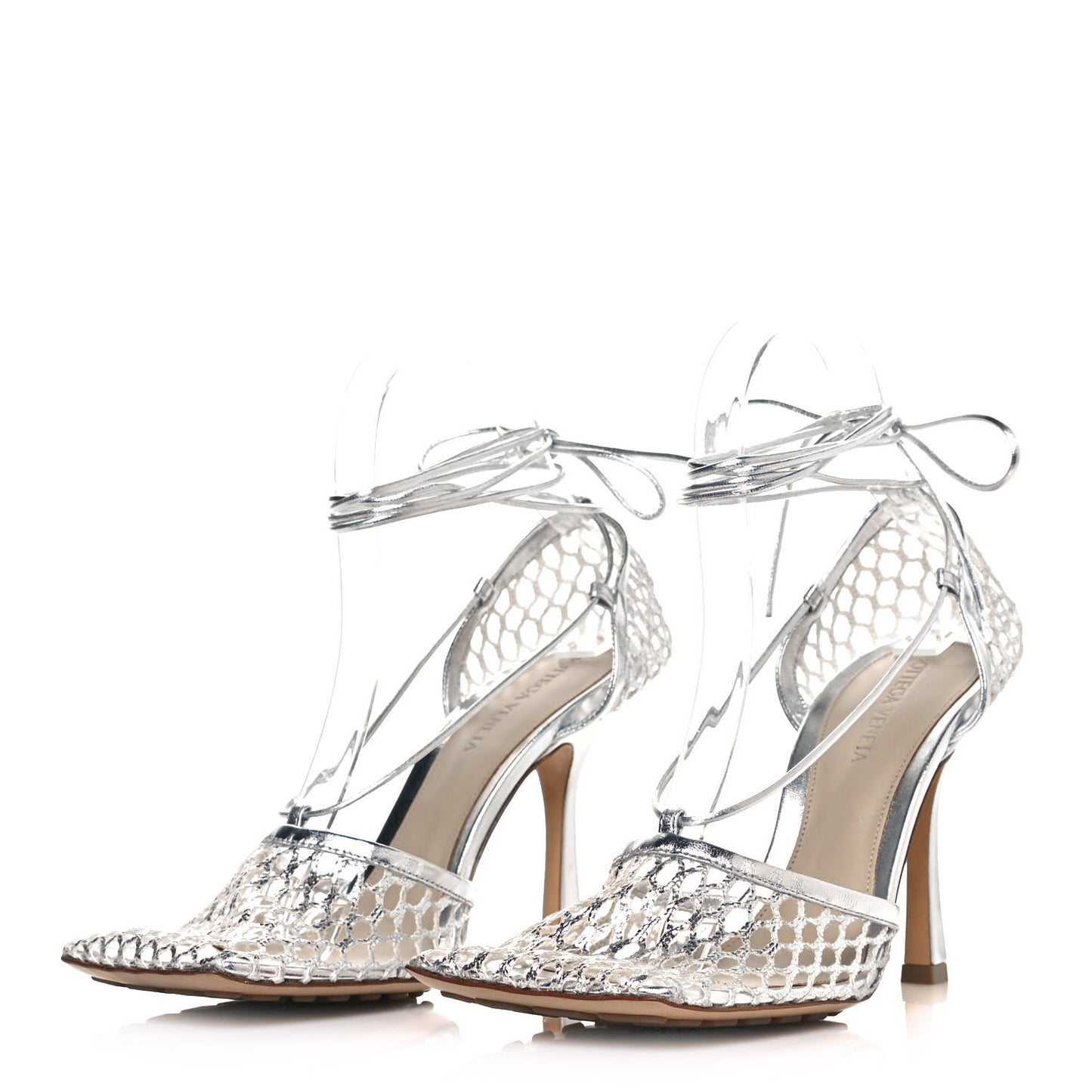 Mesh Metallic Nappa Stretch Ankle Tie Sandals 38 Silver