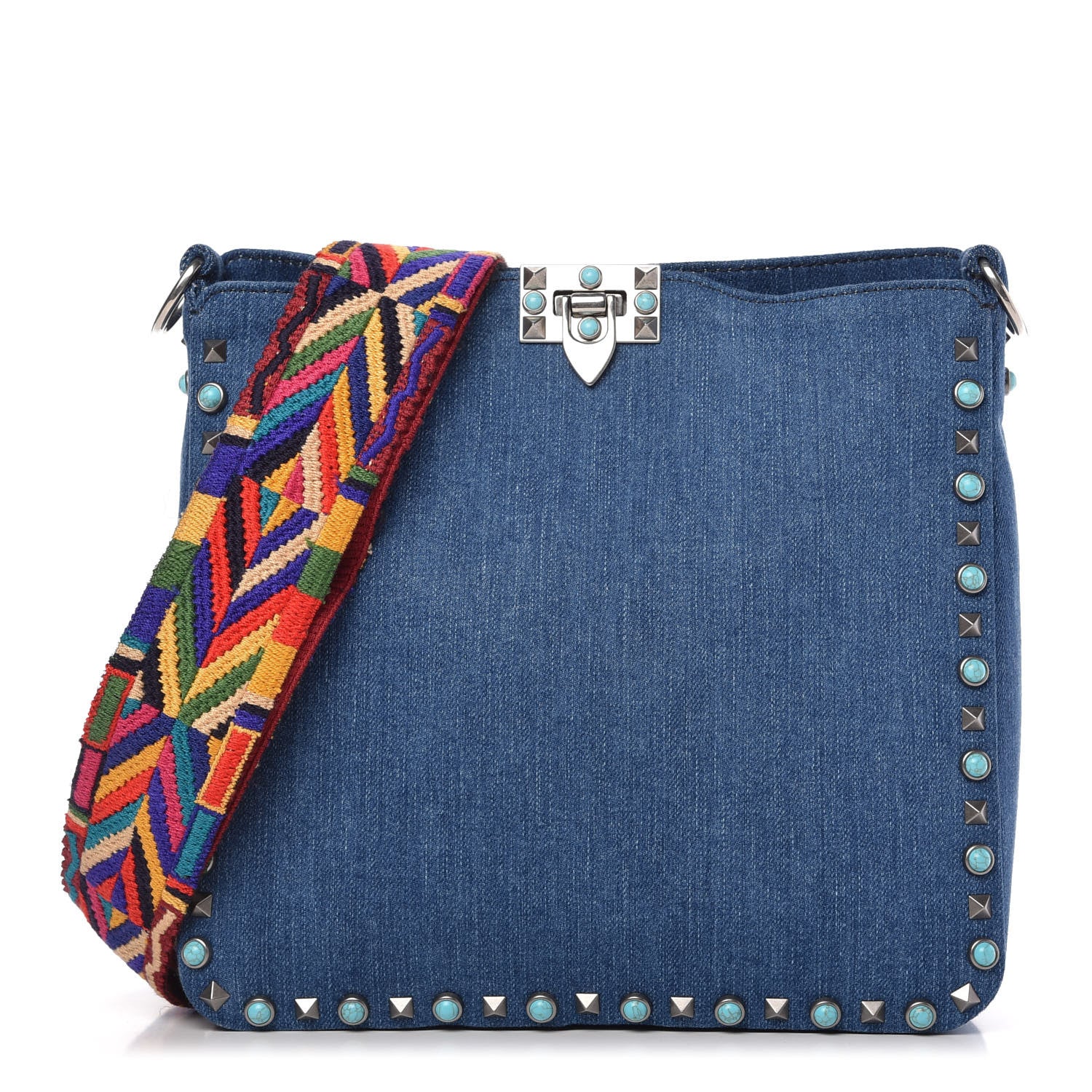 Valentino Garavani Denim Small Guitar Strap Rockstud Rolling Flip-Lock Messenger Bag Blue 1 of 9