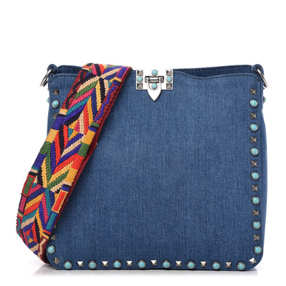 Valentino Garavani Denim Small Guitar Strap Rockstud Rolling Flip-Lock Messenger Bag Blue 1 of 9