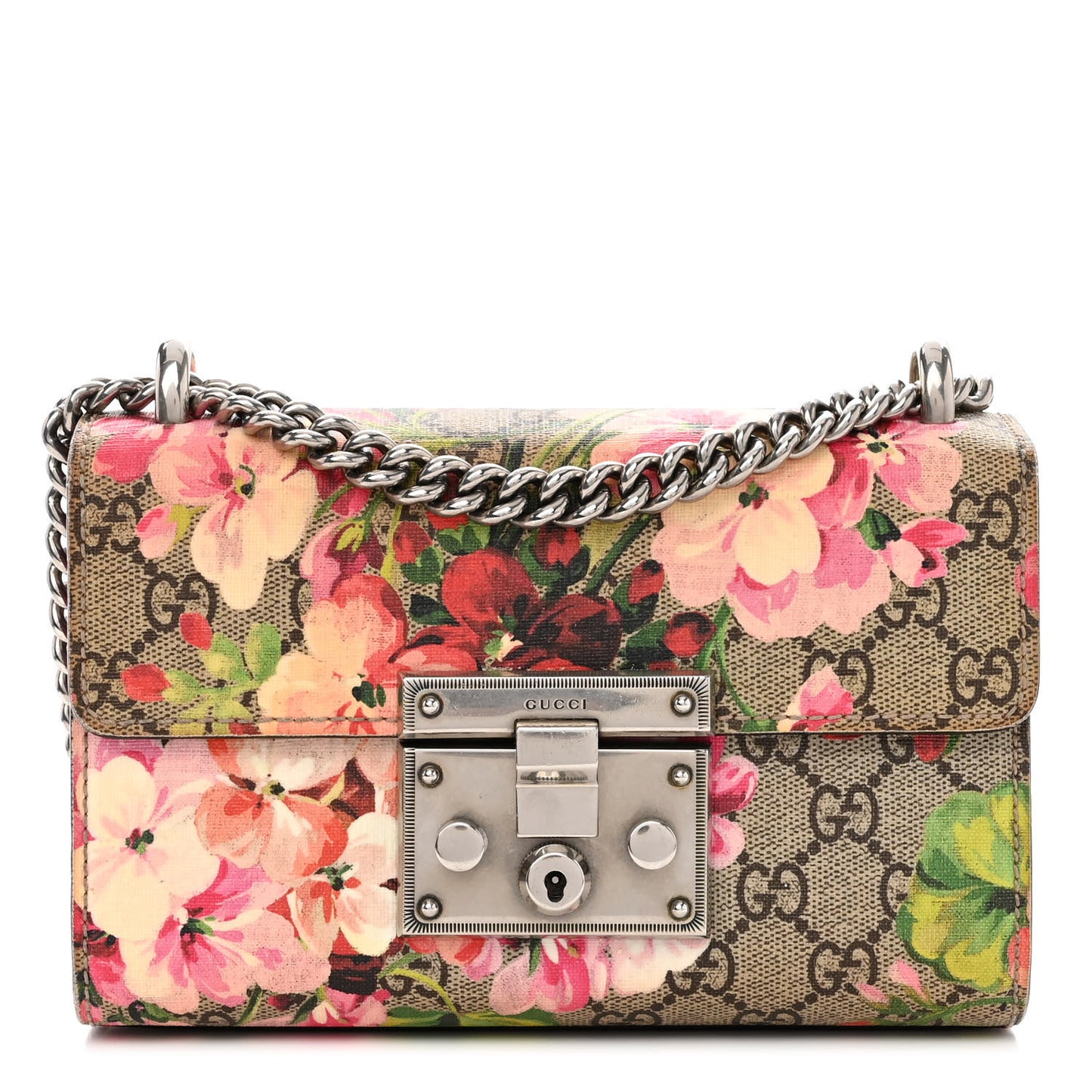 GG Supreme Monogram Blooms Small Padlock Shoulder Bag Beige Multicolor Dry Rose