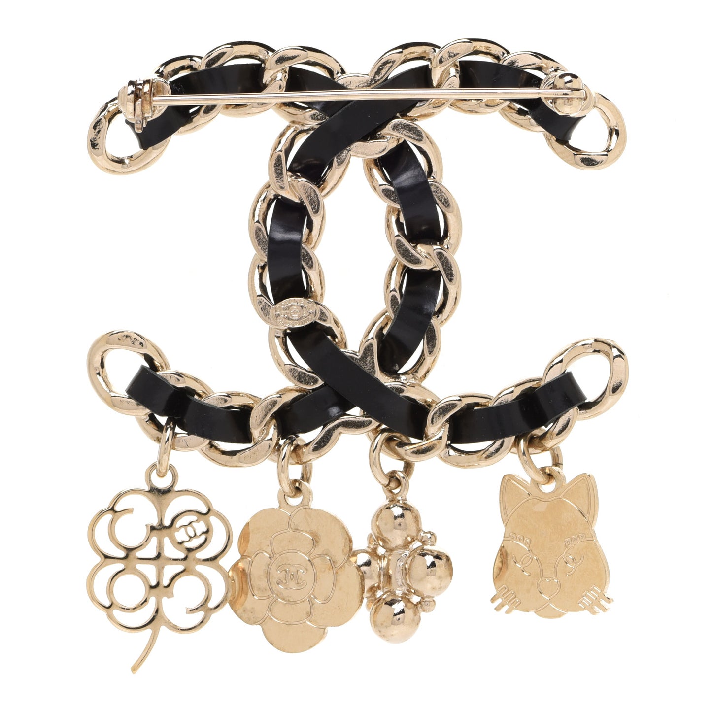 Lambskin Crystal Chain CC Charms Brooch Black Gold