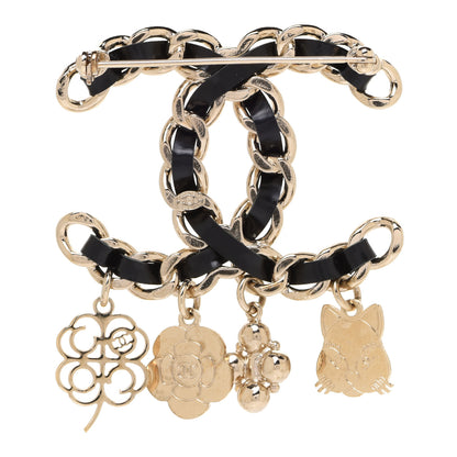 Chanel Lambskin Crystal Chain CC Charms Brooch Black Gold 3 of 5