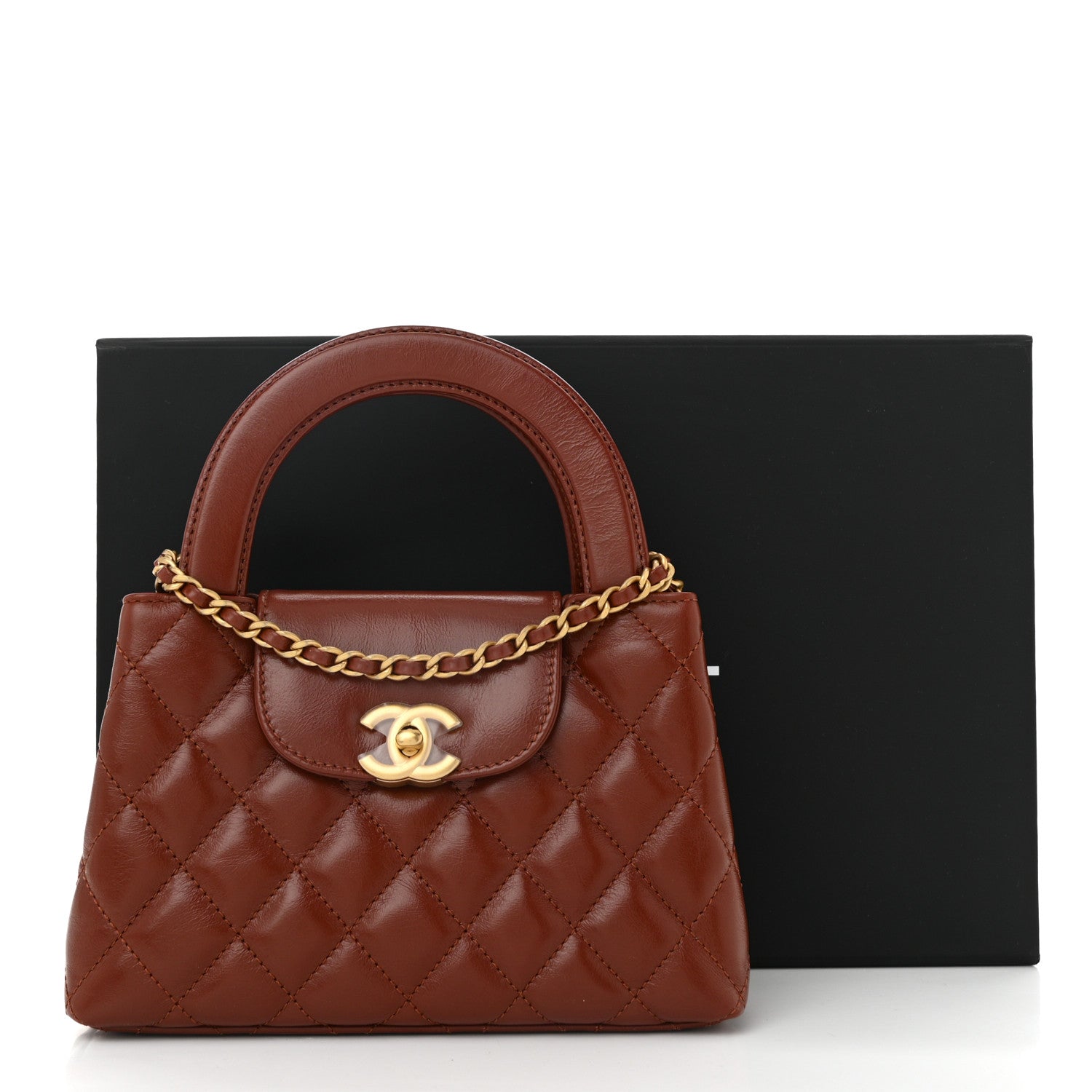 Chanel Shiny Aged Calfskin Quilted Nano Kelly Shopper Brown