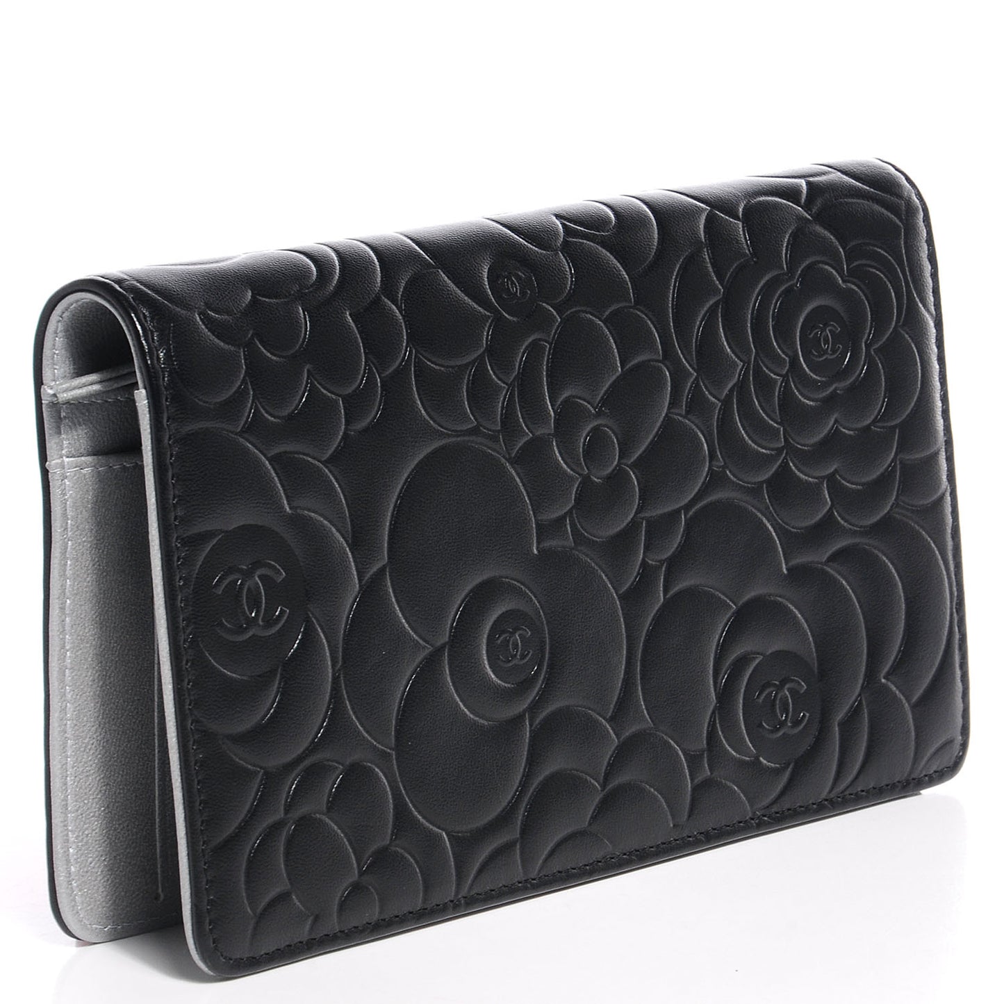 Lambskin Camellia Embossed Yen Wallet Black