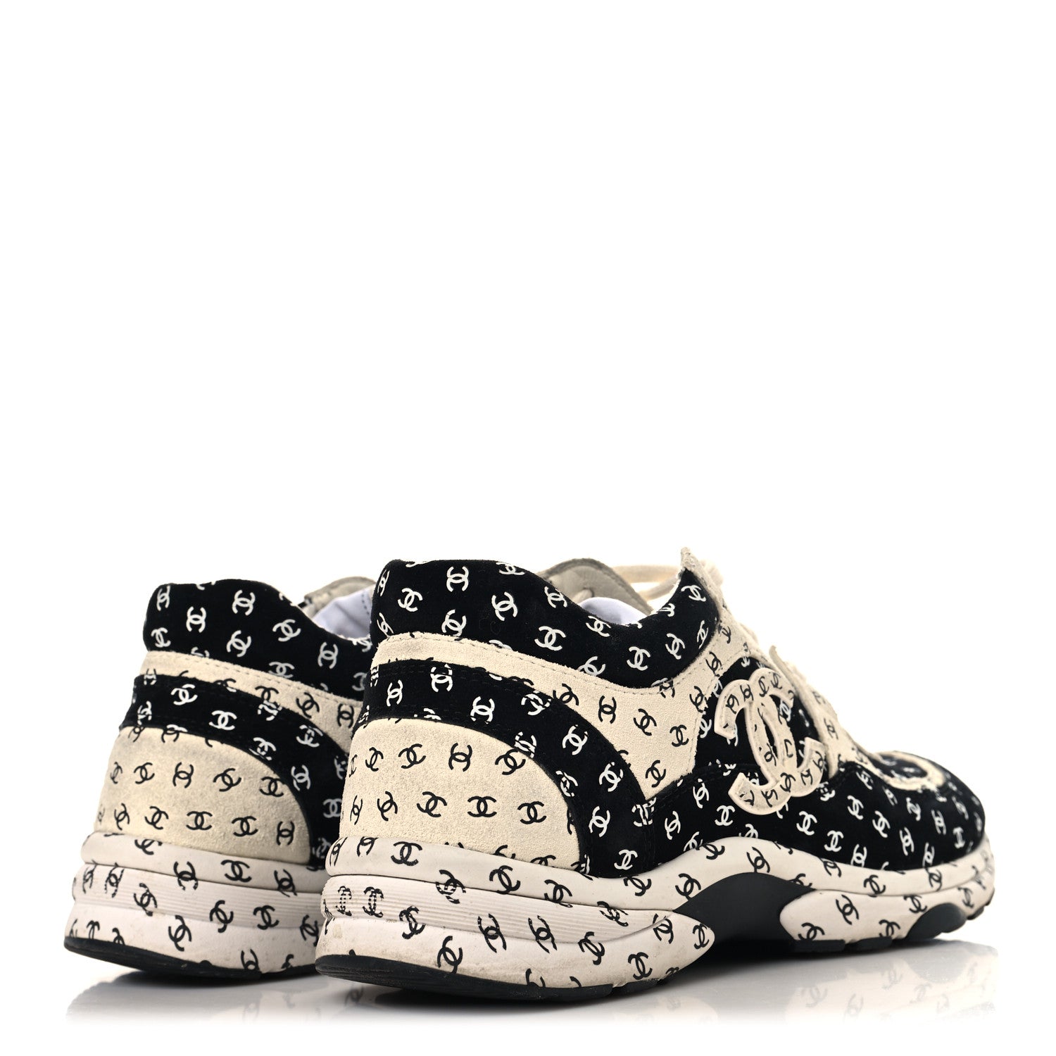 Chanel Nylon Suede Calfskin Printed CC Sneakers 37.5 White Black 5 of 10