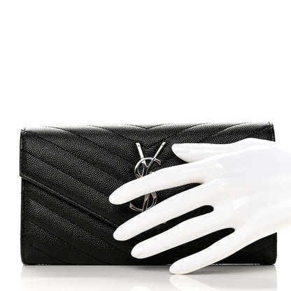 Saint Laurent Grain De Poudre Matelasse Chevron Monogram Flap Wallet Black 2 of 7