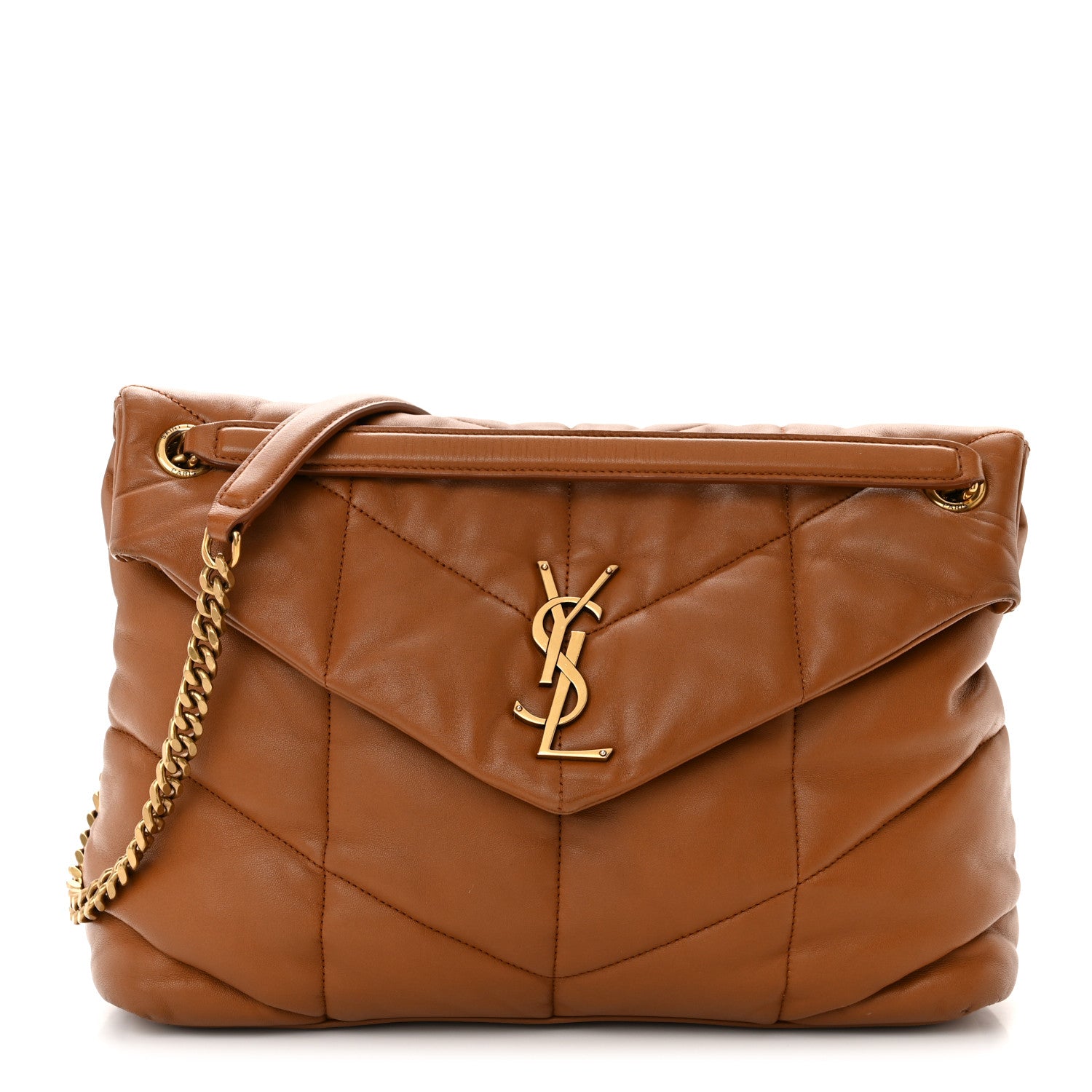 Saint Laurent Lambskin Quilted Medium Loulou Puffer Monogram Chain Satchel Miel Dark 1 of 12
